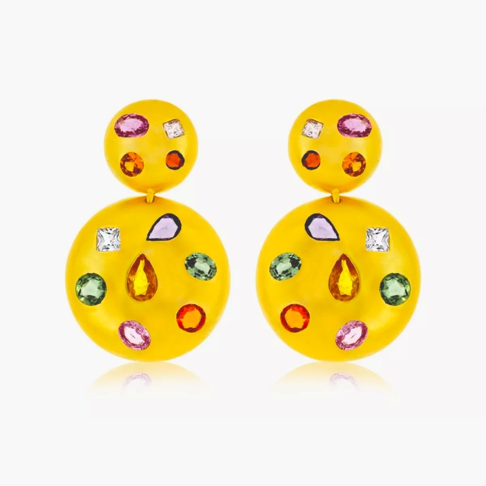 Gorgeous multicolor and shape sapphire disk earrings in 14k yellow gold